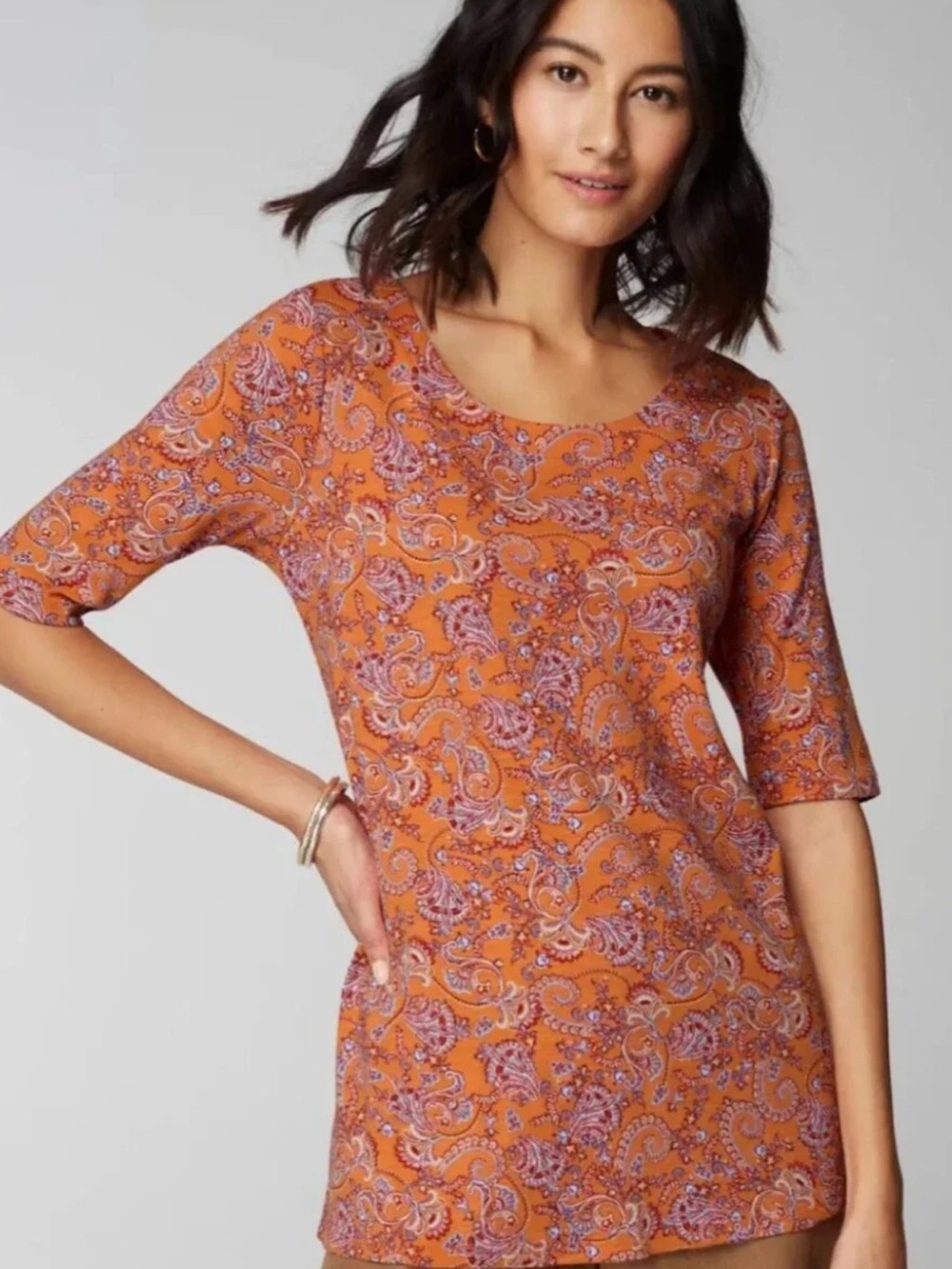 J Jill size LP pima slub scoop neck side slit tee shirt top Orange Paisley